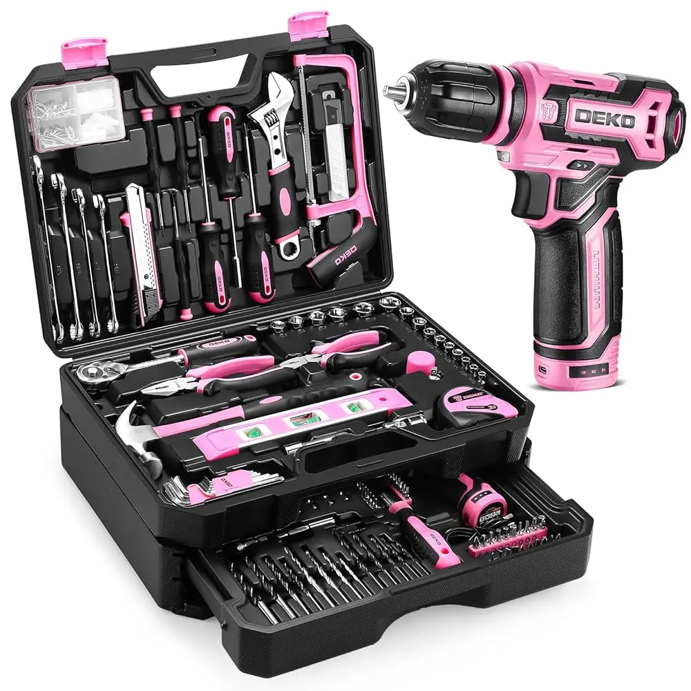 

Pink Tool Kit Box Drill Set： Home Mechanic Toolbox With 12V Power Cordl Drill Hand Repair Tools Sets Combo Kits Storage