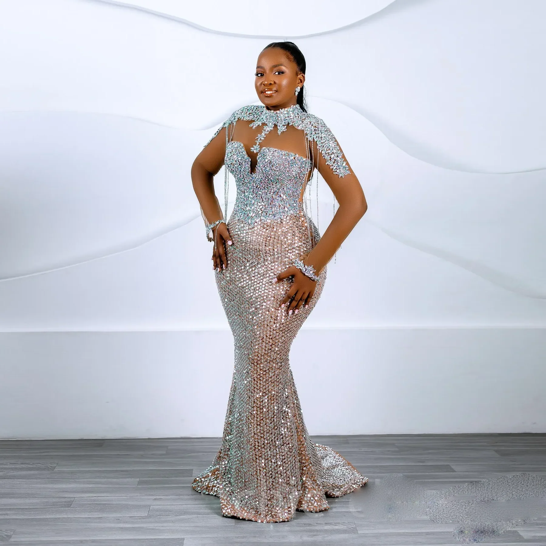 

Asoebi Major Crystal Пром платья на заказ Вечерние платья с кисточками и длинными рукавами Вечернее платье с бисером Русалка Роскошное