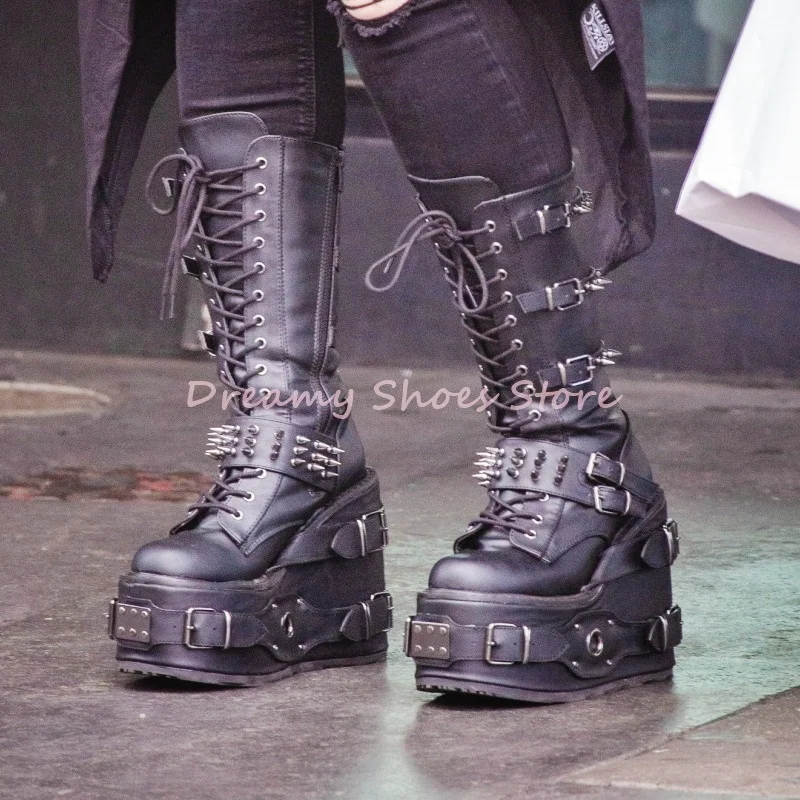 

Metal Buckle Rivet Platform Knee High Boots Women Black Lace Up Wedges Thick Heel Long Boots Punk Fashion Gothic Party Footwear