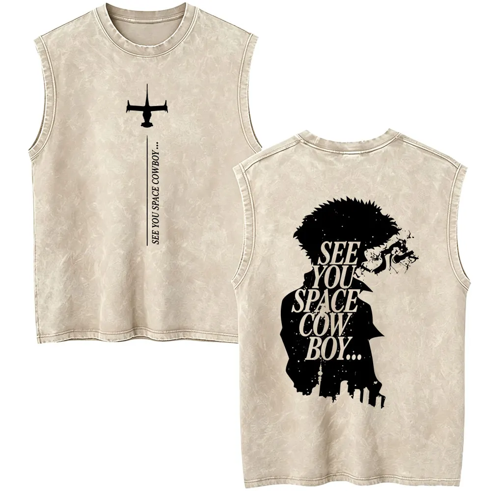 Vintage Washed Anime Cowboy Bebop Spike Spiegel See You Space Cowboy Tank Tops Men's Women's Manga Fashion Brand Sleeveless Vest