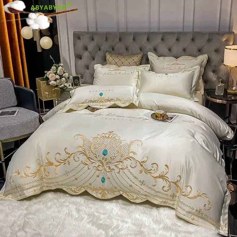 Bedding Set Luxury Gold Royal Embroidery Satin Double Duvet Cover Egyptian Cotton Bedsheets Set with Pillows Case Bed Linen Set