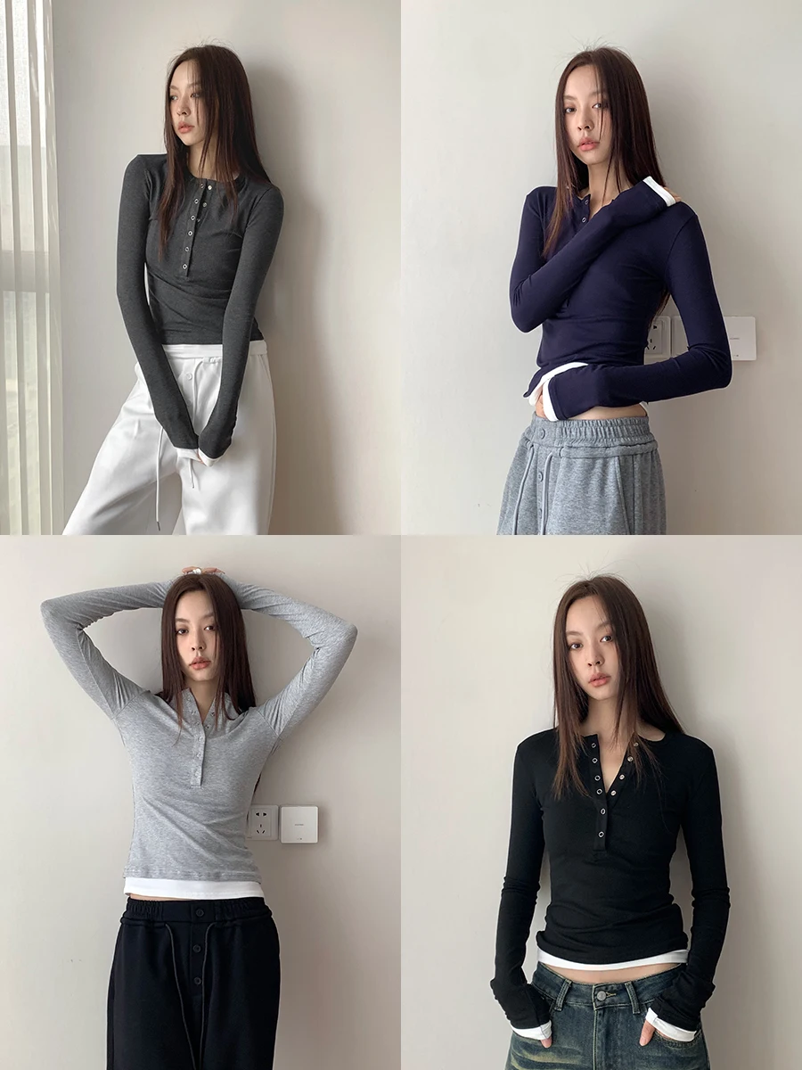 

Женская трикотажная футболка Ambosc Basic Four-Color Retro с воротником Хенли, приталенного кроя, с цветовыми блоками, с длинным рукавом, стандартный крой