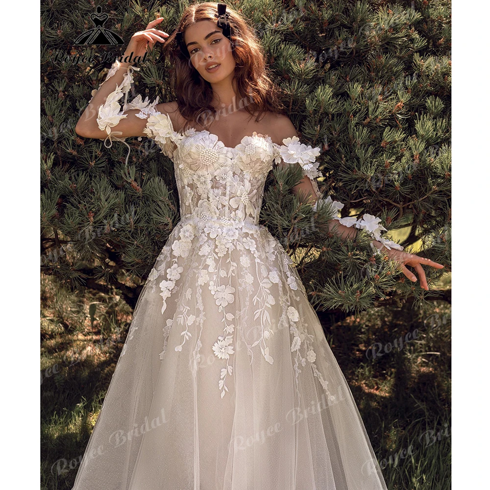 Off Shoulder 3D Floral Appliques Wedding Dress Glitter Tulle A Line Lace Up Back Floor Length Bridal Gown Customized