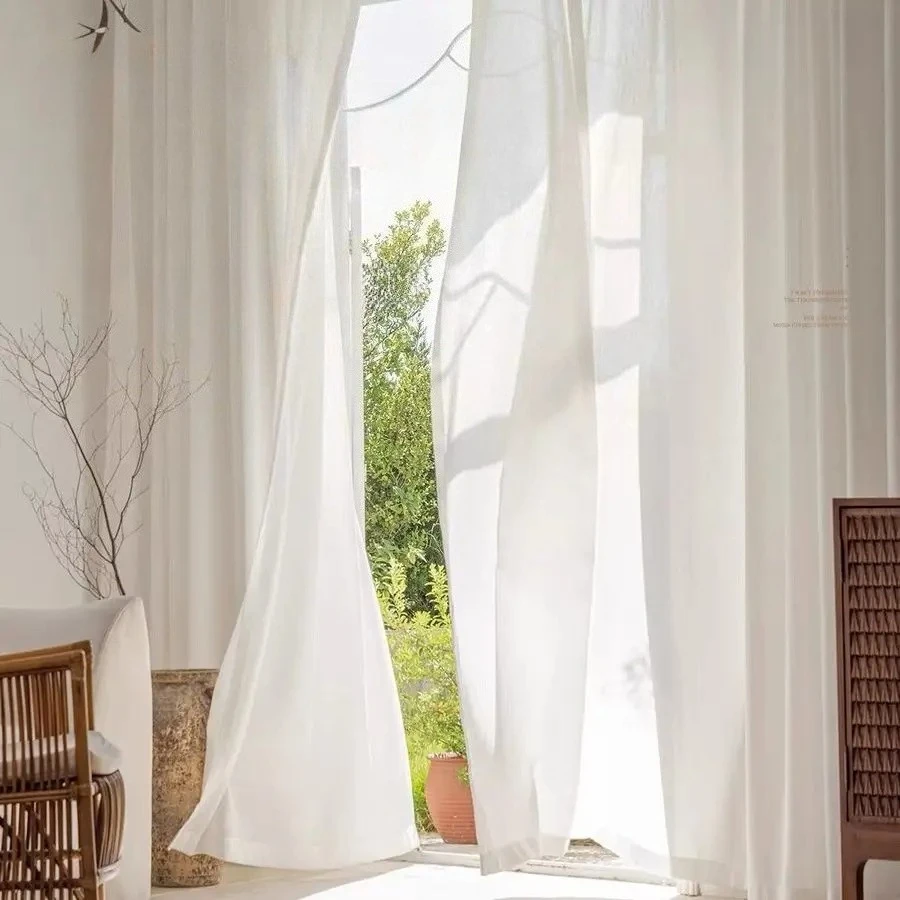 Cream French Curtain White Beige Curtains Screens for Balcony White Gauze Hotel Bay Window Room High End Drapes UV Protection