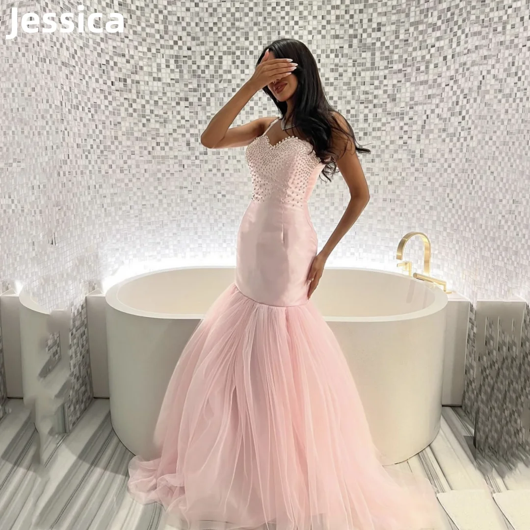 

Jessica Light Pink Prom Dress Satin Tulle Beading Evening Dresses 2024فساتين السهرة Sexy Mermaid Elegant Lady Dinner Party Dress