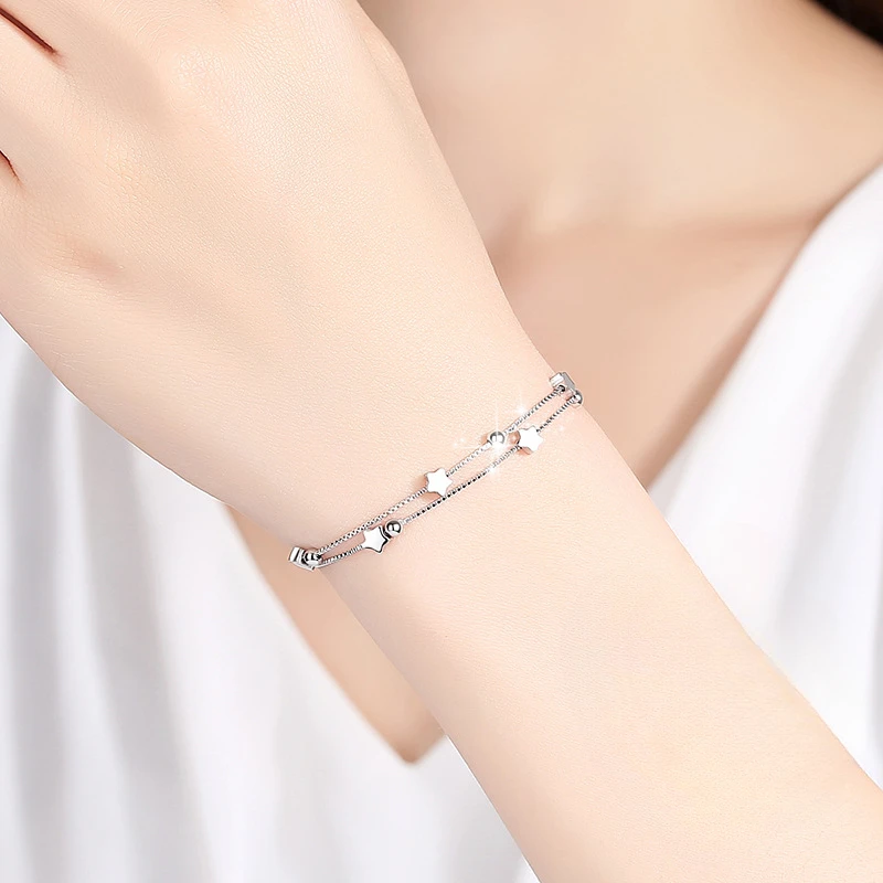 925 Sterling Silver Bead Bracelets For Women Korean Designer Double Layer Stars Chain Bracelets Luxury Party Wedding Jewelry