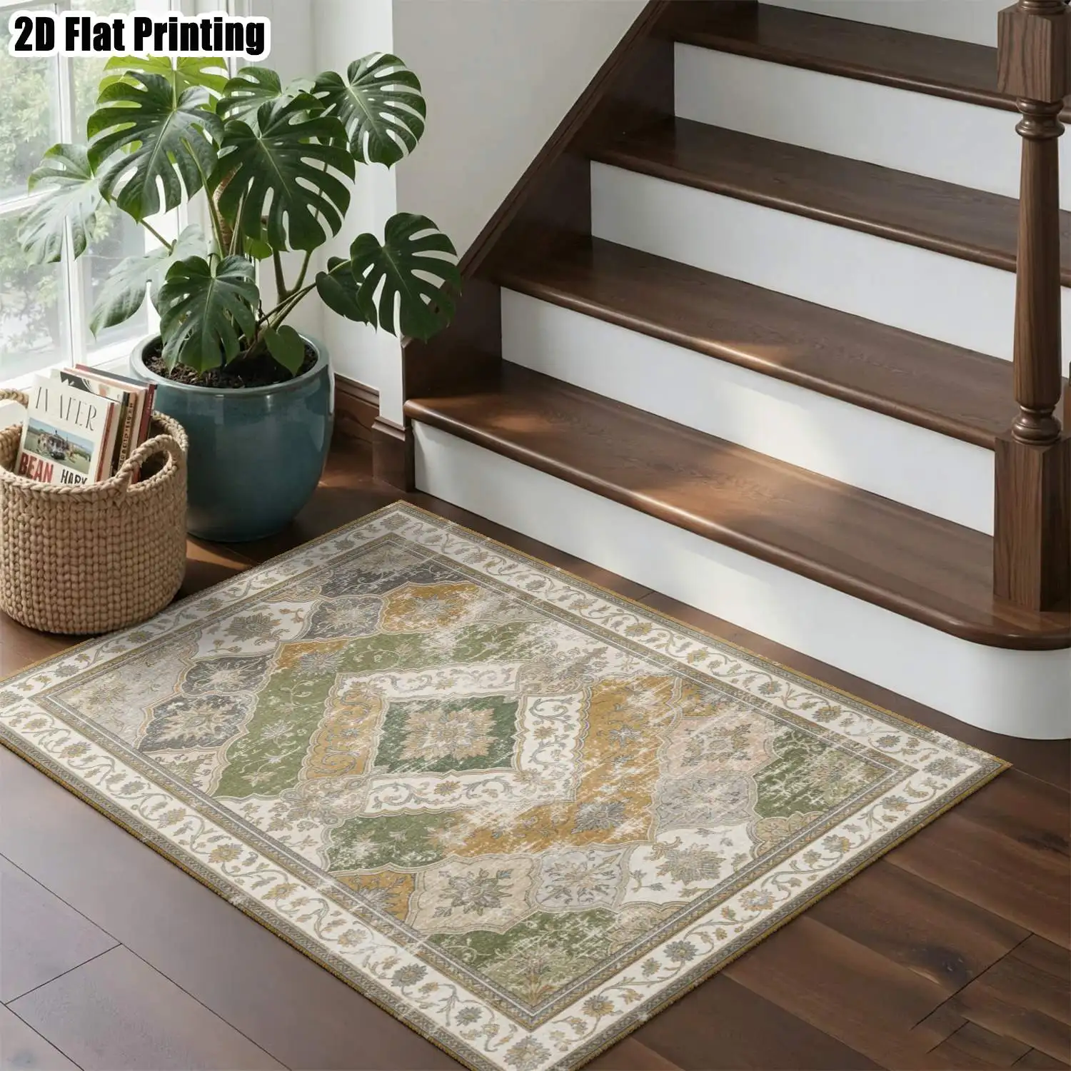 1Pc 2D Printed Navy Blue Retro Scrolling Floral Carpet, Perfect Home Decor, Multi-Size, Machine Washable, Multi-Scene Use