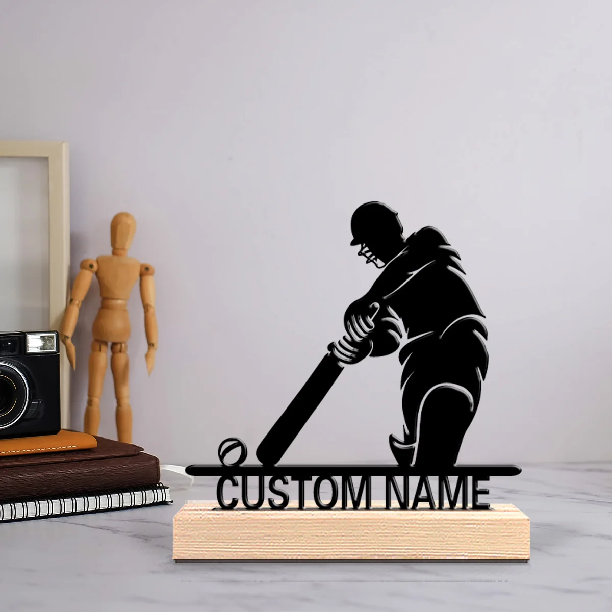 1pc Stylish Personalized Custom Cricket Players Hit The Ball Metal Statues Metal Art With Wooden Base Perfect For Bedrooms Gifts