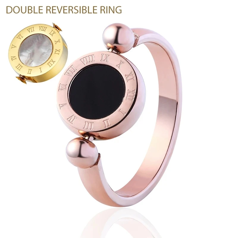 Charming Roman Digital Rotating Black and White Double sided Ring Women\'s Stainless Steel Ring Fashion Jewelry Accessories