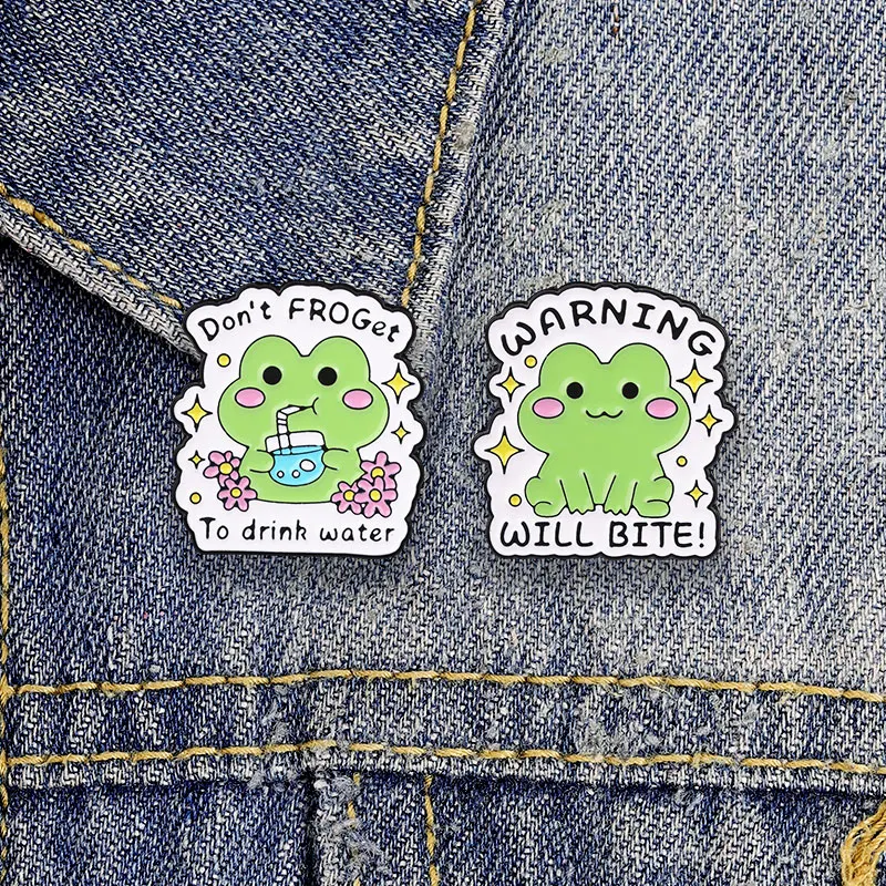 Warning Will Bite Don't Froget Enamel Badge Cute Frog Style Pin Drinking Water Flower Star Metal Brooch Lapel Accessory