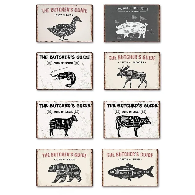 Metal Tin Poster Butcher Beef Pig Retro Metal Tin Signs Posters Plate Wall Decor for Bar Restaurant Cafe Clubs Retro Plaque