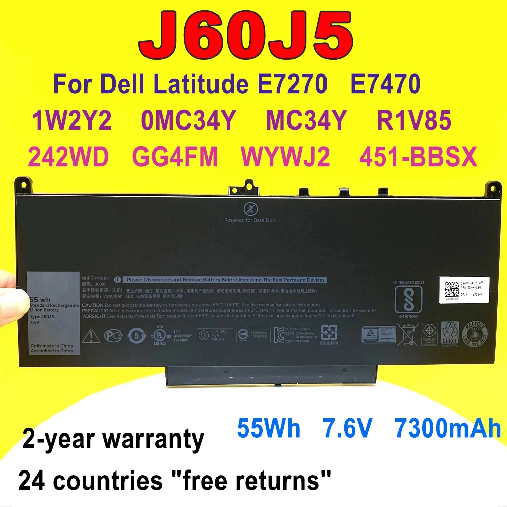 

New J60J5 Battery For Dell Latitude E7270 E7470 Serie Laptop MC34Y R1V85 451-BBSX 242WD 1W2Y2 451-BBSU GG4FM WYWJ2 451-BBSY 7.6V