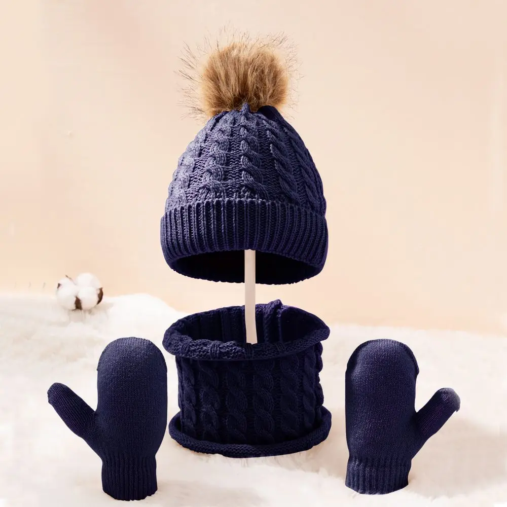 3Pcs/Set Cute Hat Scarf Gloves Set Solid Color Cotton Caps Winter Warm Accessories For Kids 0-3 Years Boys Girls Children