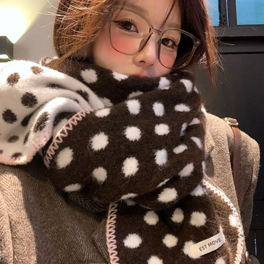 Korean Polka Dot Knit Scarf for Women Fall Winter Thick Warm Neck Warmer Versatile Student Overlocked Edge Scarf for Girls