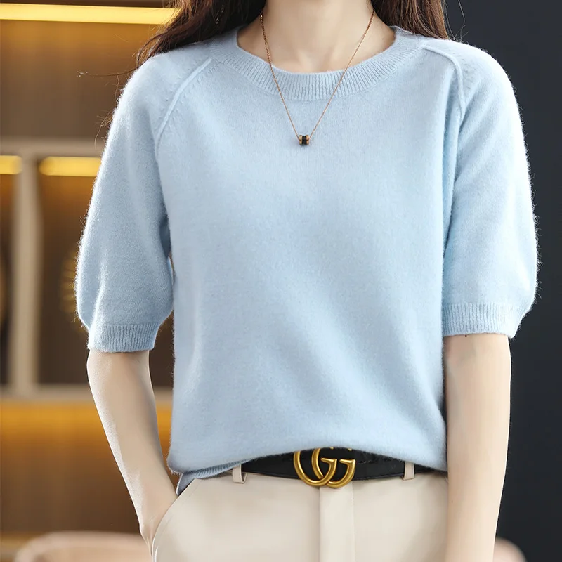 Spring New 100%Pure Wool T-Shirt Ladies Round Neck Knit Short Sleeve Loose Cashmere Sweater Summer Wild Knit Pullover Base Tops