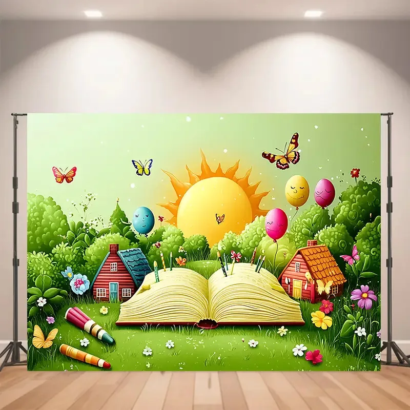 Whimsical Spring Garden Book Open Backdrop Mural Polyester Photo Booth Background Decoration for Kids Birthday Party Photoshoot