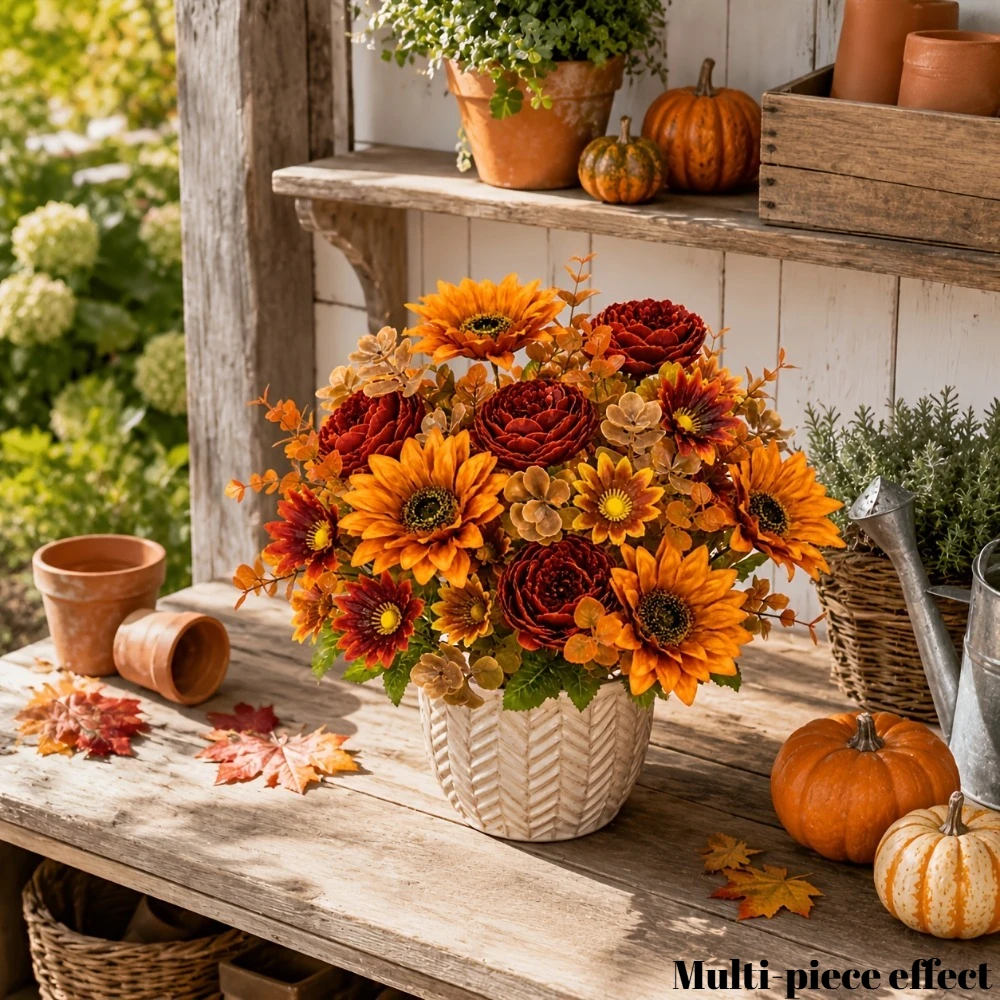 2-teiliger Herbstlicher Künstlicher Blumenstrauß in warmen Tönen mit Sonnenblumen und burgunderfarbenen Rosen für Halloween- und Thanksgiving-Dekoration 2026 – Detail 3
