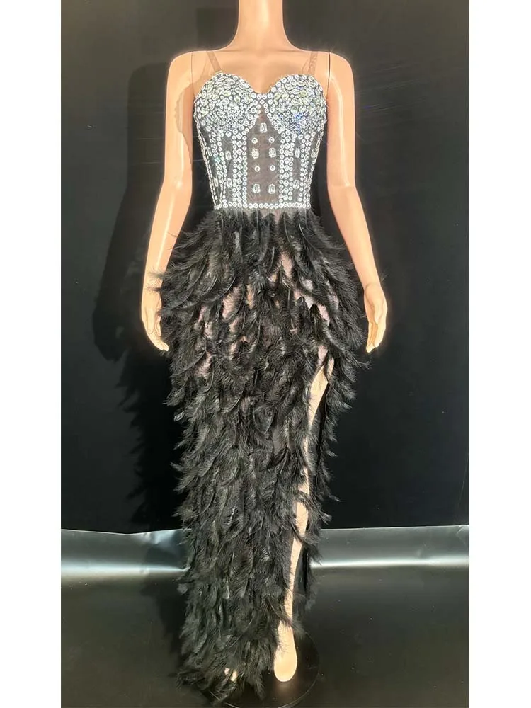 High Quality Rhinestone Feather Splicing Sexy Suspender Slit Dress 2024 New Fashionable Custom Women'S Clothing