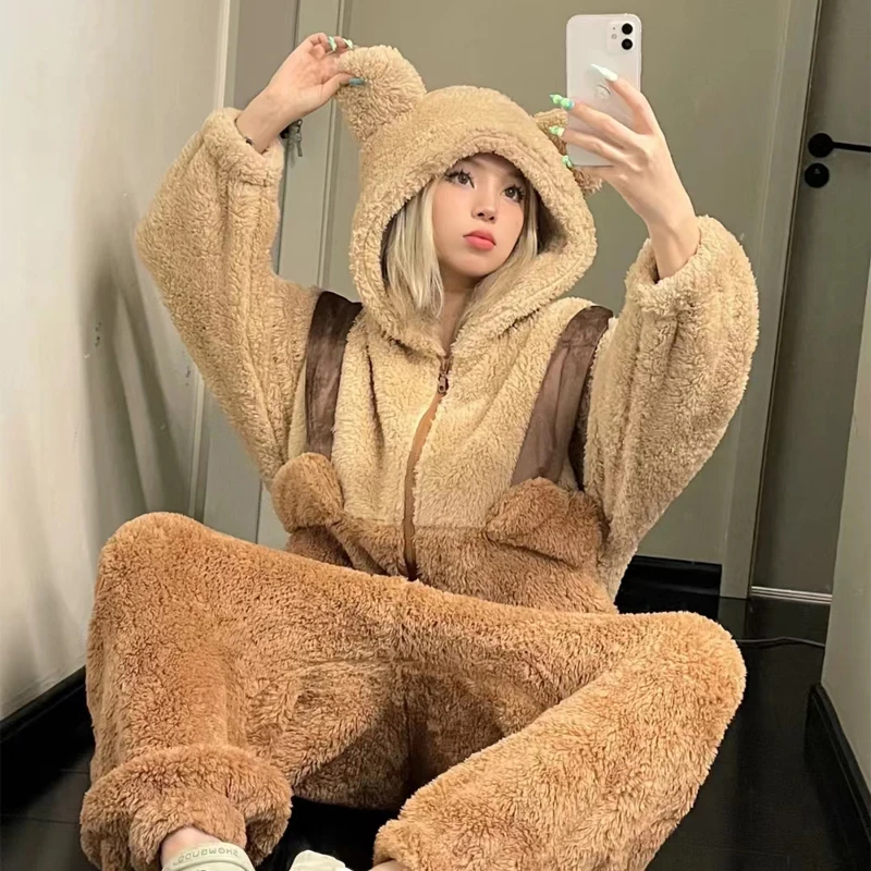 2023 Winter Pajamas For Women Kawaii Bear Onesie Hooded Cartoon Pajama Homewear Lounge Sleepwear Thick Warm Comfy Girl Home Wear