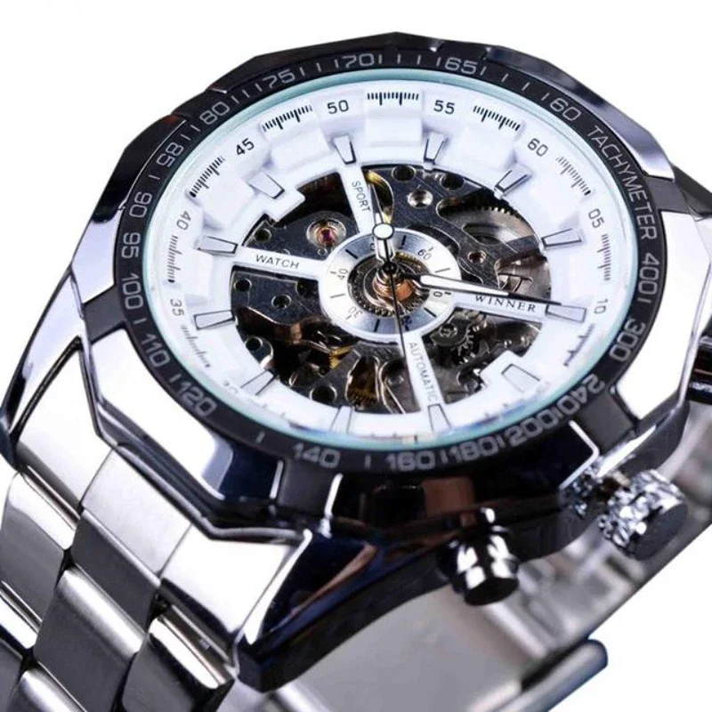 

Luxury Brand Silver Gear Openwork Steampunk Racing Sport Military Design Mens Automatic Self-wind Mechanical Skeleton Watch