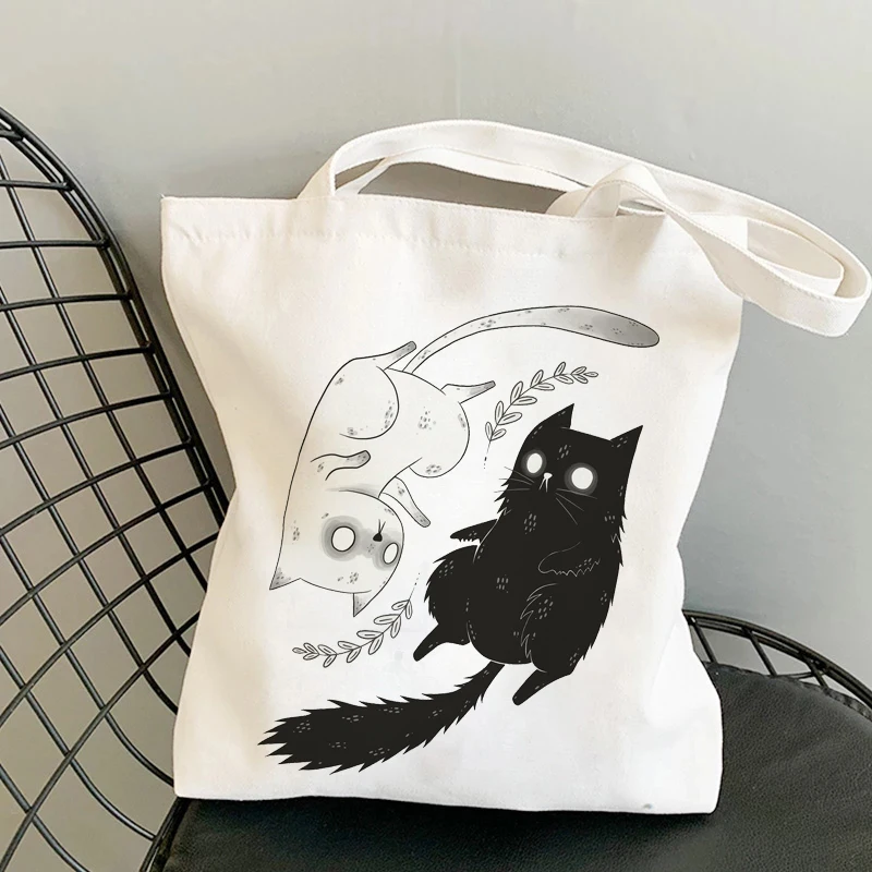 Bolso de compras con diseño de calavera y gato, bolsa de yute plegable, reutilizable, ecológico