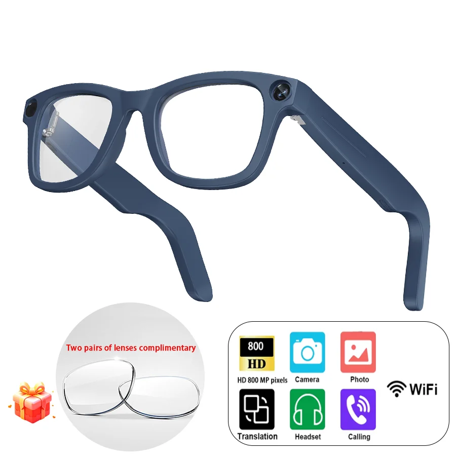 AI Smart Glasses with 800W HD Camera 1080P Video Voice Control Bluetooth/Wi-Fi 230mAh Fast Charging Lightweight Hands-Free