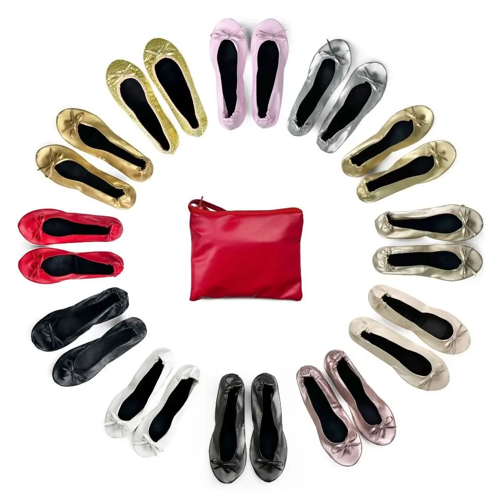 

Portable Foldable Ballet Flats Roll up Round Toe Ballerina Flats Matching Carrying Bag Bow Women's Dress Slipper Prom