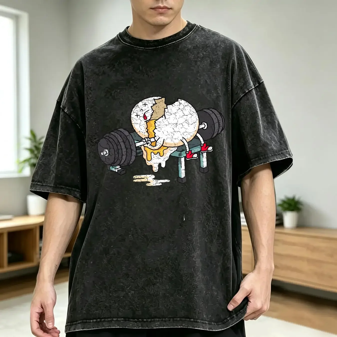 washed T Shirt Funny Smashed Egg Fitness Gym Barbells Lifting Workout Size S 5XL vintage Washed Comfortable designer clothes