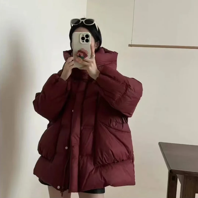 Puff Down Jacket Female 2024 Winter New Hooded Medium-length Versatile Loose Puffer Jacket Thickened White Duck Down Warm Coat