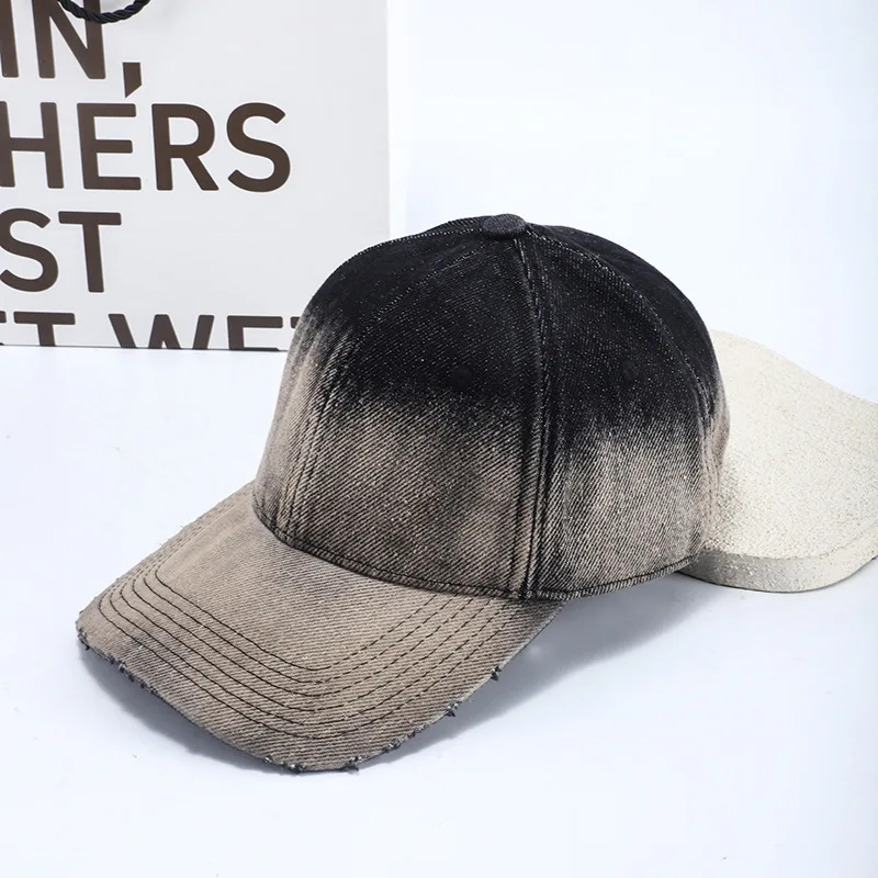 Gradient Washed Denim Baseball Cap Men Women Distressed Frayed Adjustable Retro American Streetwear Duck Tongue Hat Vintage