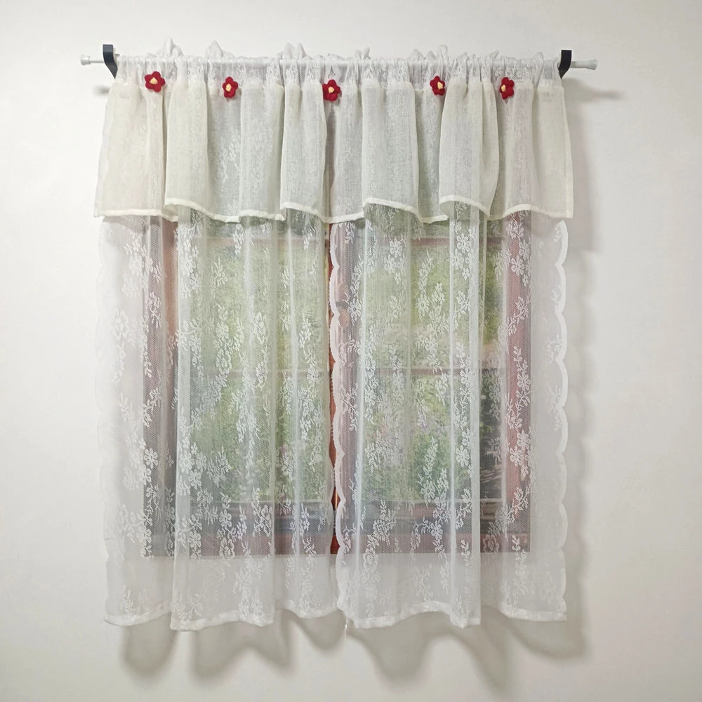 Charming Lace Windnow Curtain with Valance and Petite Knitted Wool Flowers, Romantic Door Curtain, One Set