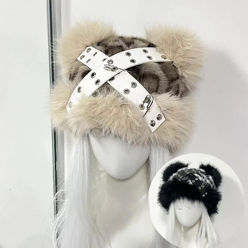 

Trendy Winter Warm Y2K Style Hairy Hat Thickened Bucket Hat Leather Punk Buckle Subculture Cute Fluffy Cute Outdoors Party Caps