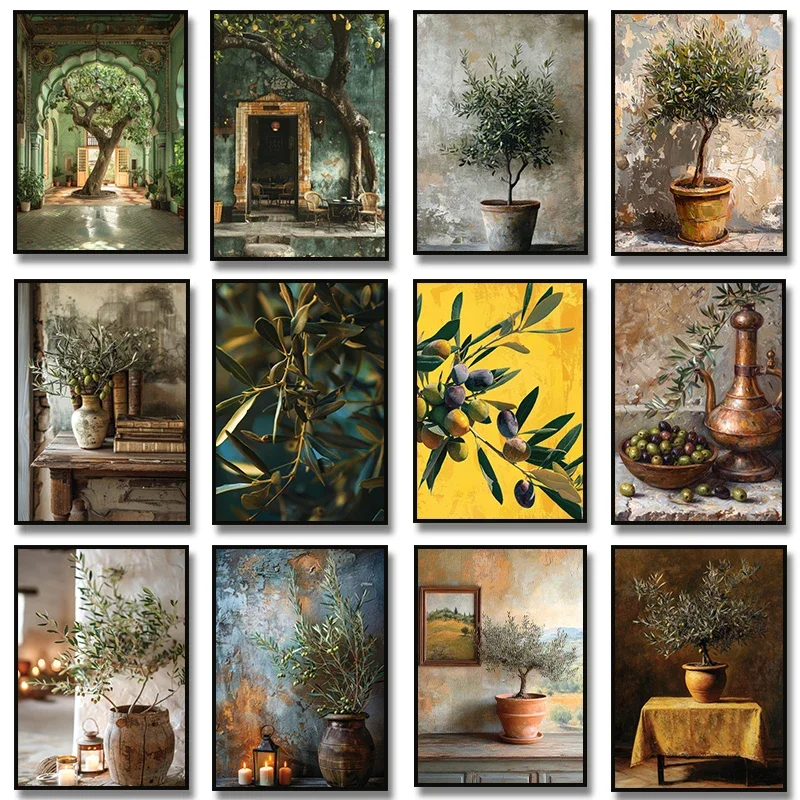 Pintura de Diamantes con Ramas y Hojas de Olivo Italiano, Arte de Pared Minimalista Escandinavo, Pósters y Láminas Decorativas para el Hogar y la Habitación