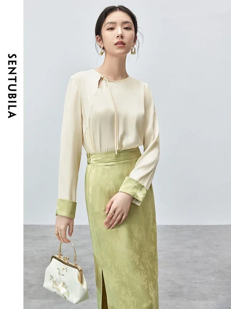 SENTUBILA 2 Piece Skirt Set Women Chinese Style 2024 Autumn Elegant Outfits Contrast Cuff Blouse Jacquard Slit Skirt 143Z55766