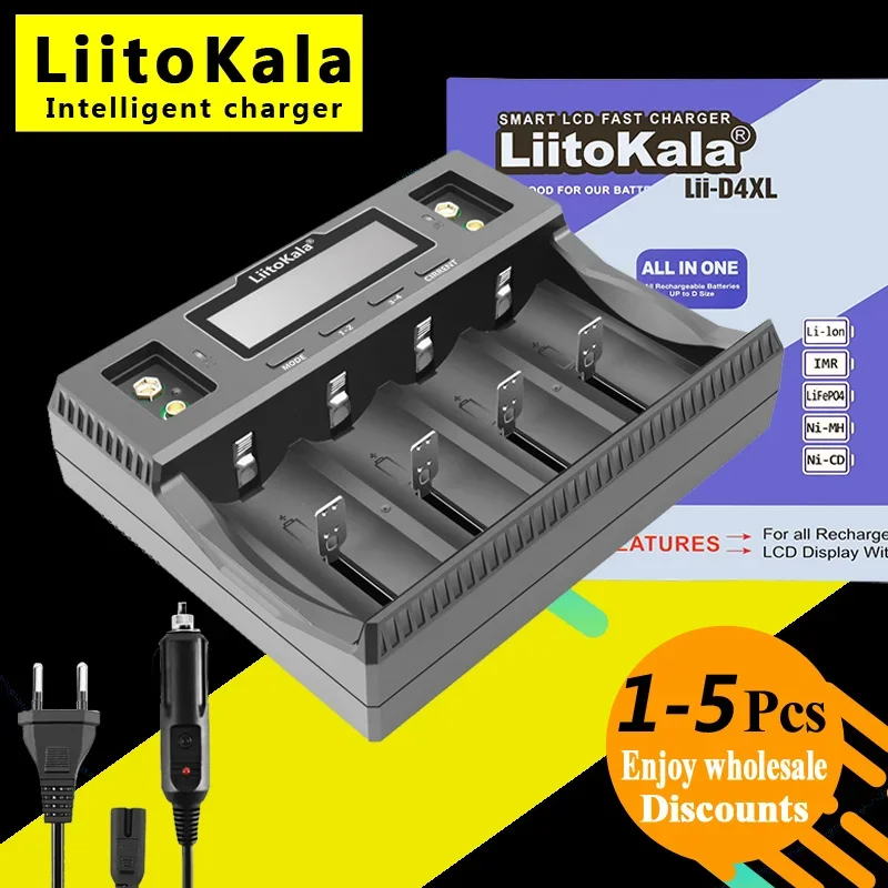 1-5PCS LiitoKala Lii-D4XL+car 9V 26650 18650 21700 18500 32700 16340 AA AAA 3.7V/1.2V/3.2V Li-ion NiMH Smart Battery Charger