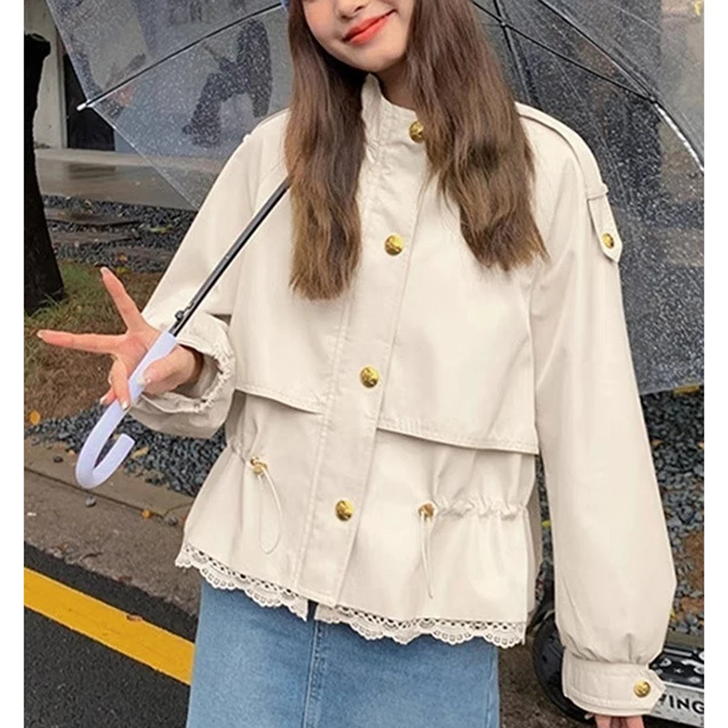 Casual Windbreaker Jacket Women Autumn Lace Patchwork Fashion Coat Fall All Match Streetwear Long Sleeve Zipper Outwear Tops New