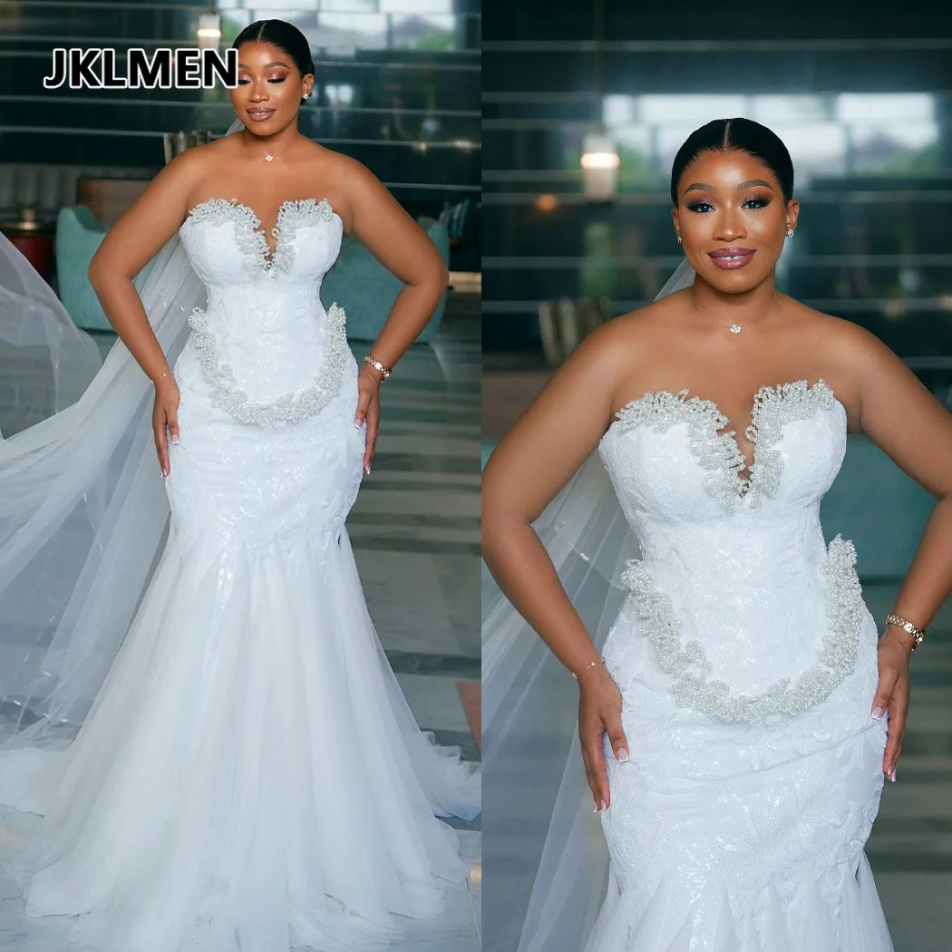 

Luxury Mermaid Wedding Dress Sweetheart Neck Sleeveless Bridal Gowns Sequins Pearls Beaded Sweep Train Dresses Custom Made