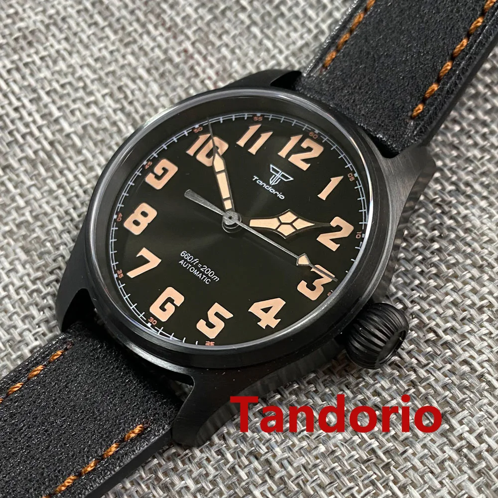 Tandorio 39mm Sapphire Glass Brushed Black PVD 20ATM Waterproof NH35A PT5000 Pilot Diver Military Men Watch Luminous Big Crown