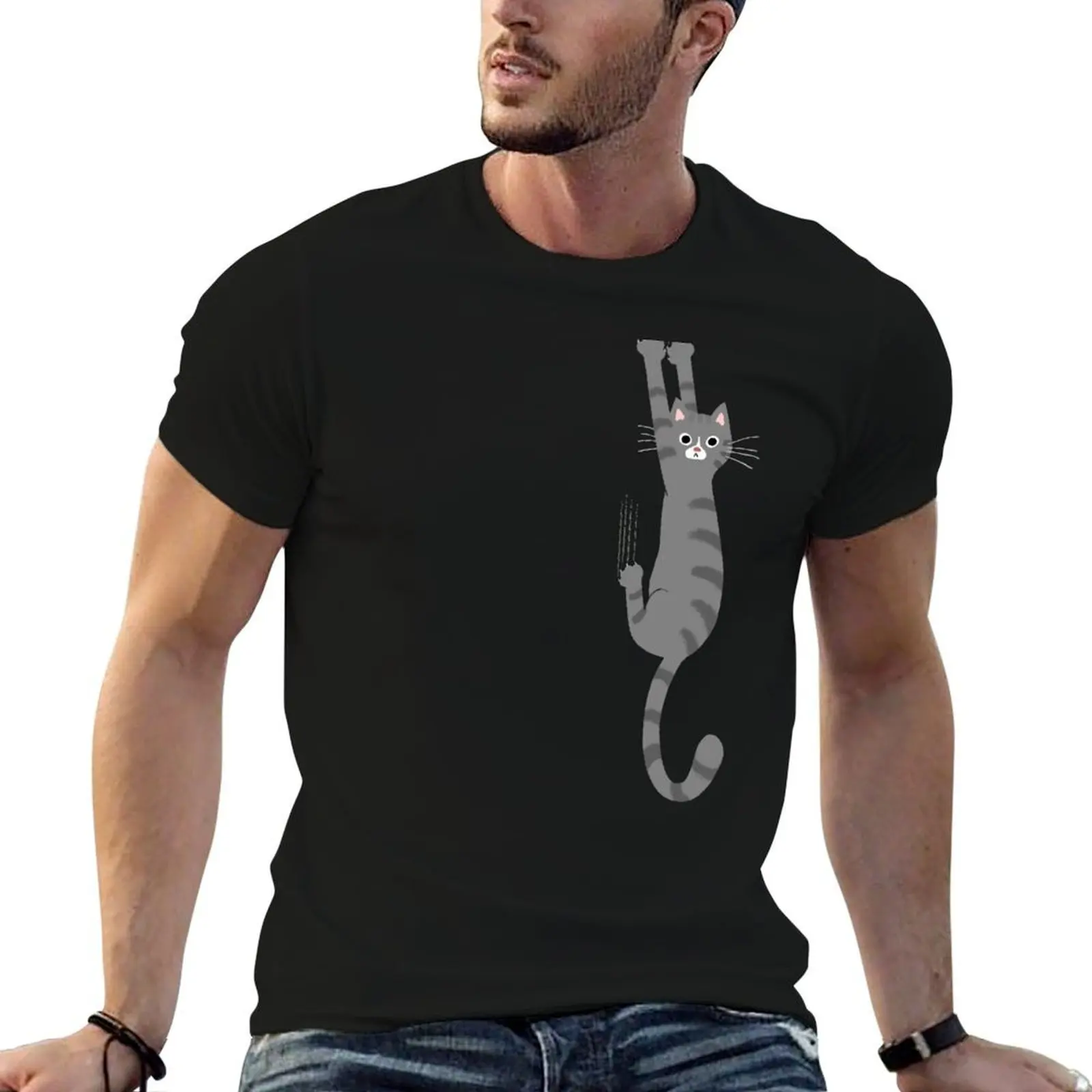 Grey Tabby Cat Hanging On | Funny Gray Striped Cat Holding On with Claws T-Shirt