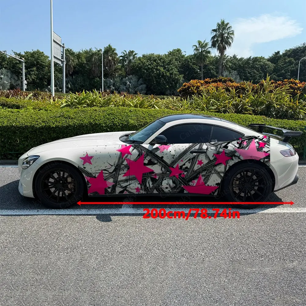 2pcs Black Lines And Pink Stars Decal, Durable, Fade-Resistant, Enhance Your Vehicles Aesthetic With Art Design Car Vinyl Wrap