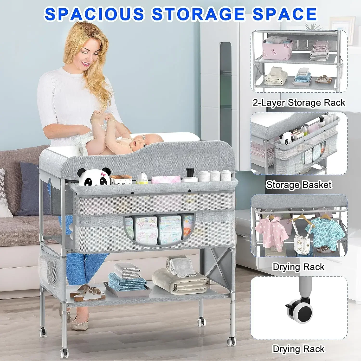 Portable Baby Changing Table, Foldable  Table Dresser   Station, Height Adjustable Waterproof Diaper Changin