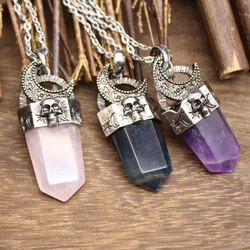 Natural Amethyst Labradorite Rose Quartz Stone Vintage Moon Skull Pendants Jewelry For Women Girls Men