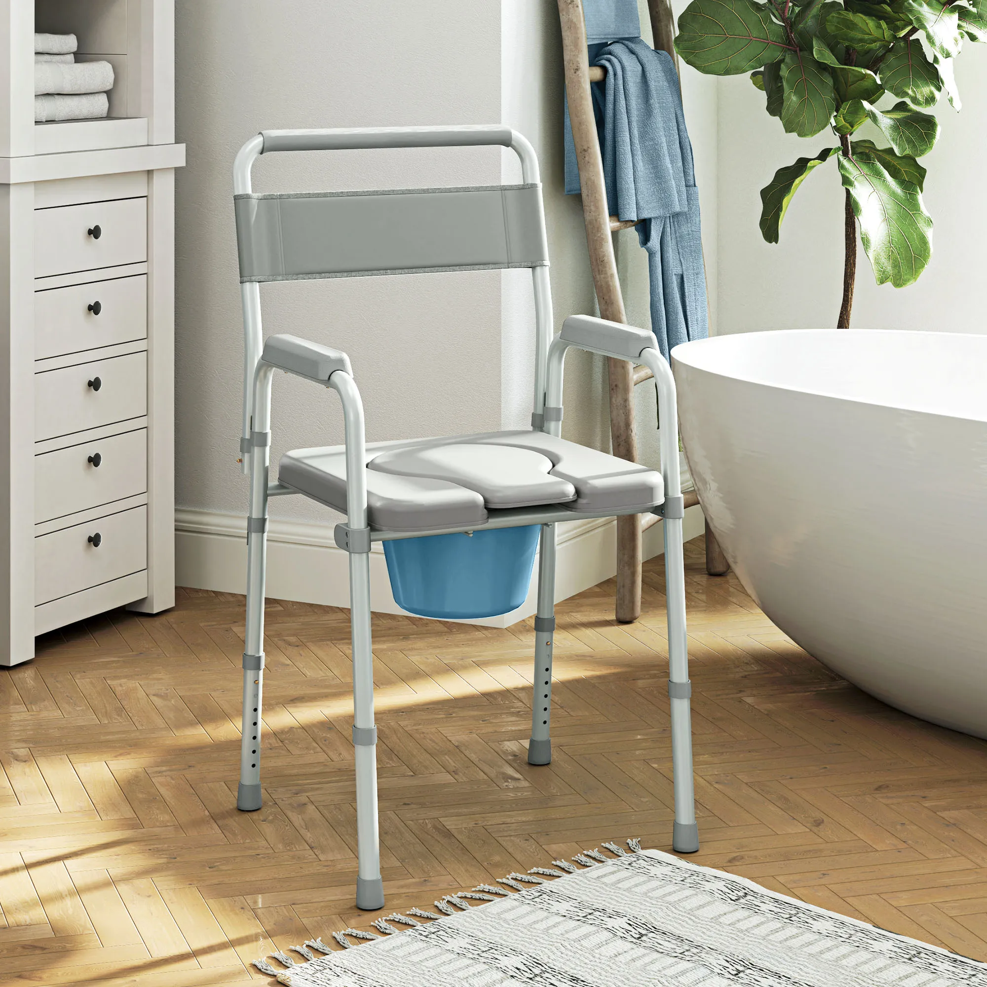 Versatile Functionality: Serves as a bedside commode, raised toilet seat, toilet safety frame, and portable chair, meeting various needs efficiently. Stable Support: Constructed with a stable frame supporting up to 331 lbs., featuring anti-slip feet pads