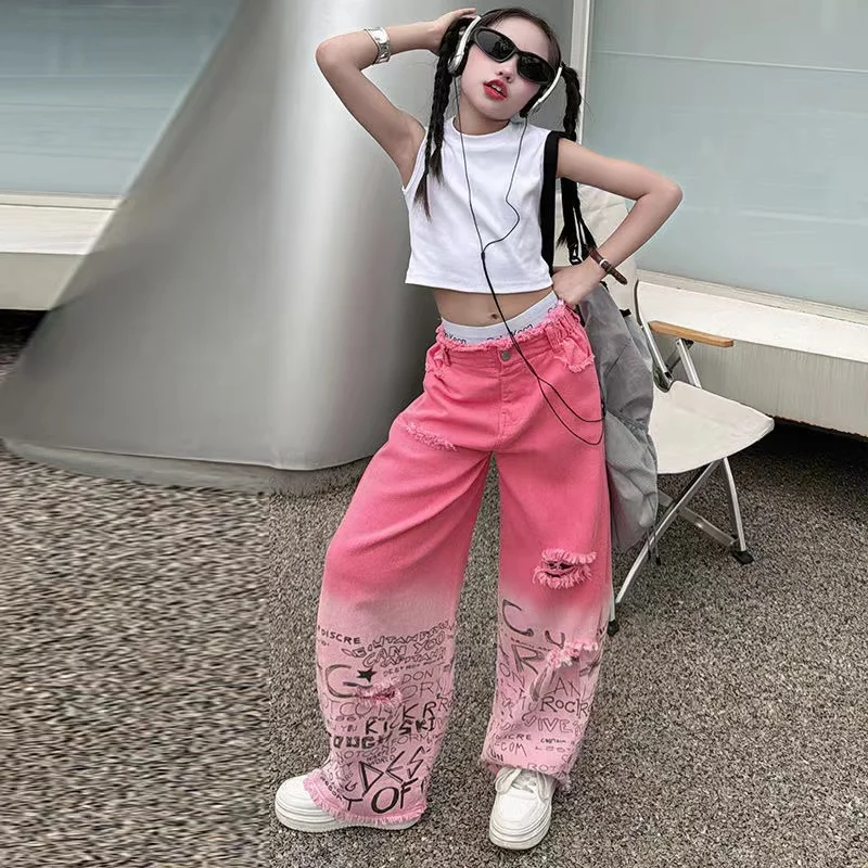 

Girls Pink Gradient Color Hole Wide Leg Jeans Cool Cargo Clothes Teenage Trousers Suit Vintage Casual Streetwear