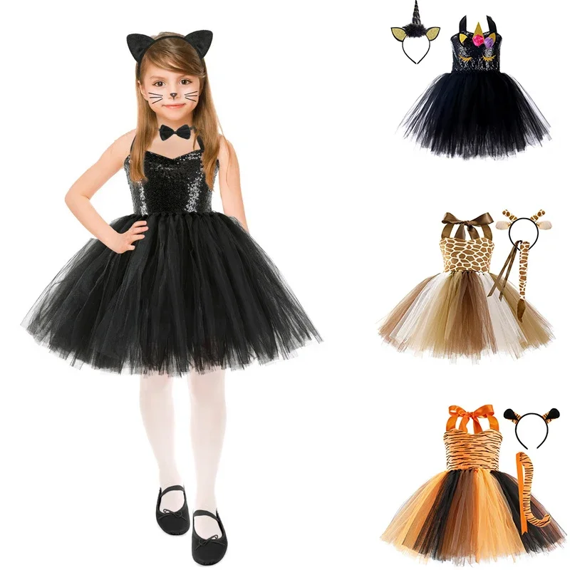

Child Halloween Animal Cat Cosplay Girls Costume Sequins Nylon Mesh Tutu Dress Headdress Tail Kids Birthday Party Fancy Dresses