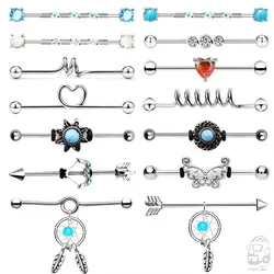 Butterfly Arrow Industrial Barbell for Women Men Steel CZ Cartilage Helix Earrings Stud Body Piercing Jewelry Oreja 14Gx38mm 1PC