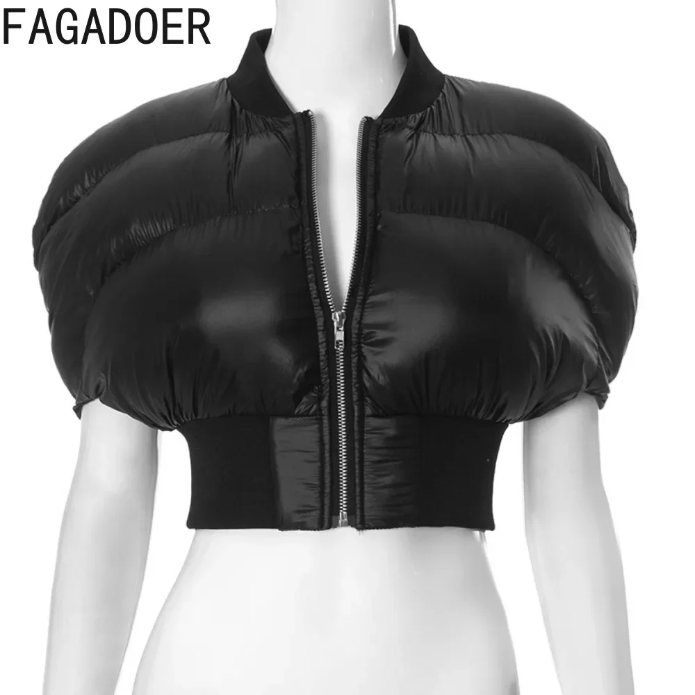 FAGADOER Black Puffer Jacket Autumn Winter Clothes Sexy Y2K Cropped Bubble Jackets Zip Up Short Sleeve Streetwear Coats Outcoat