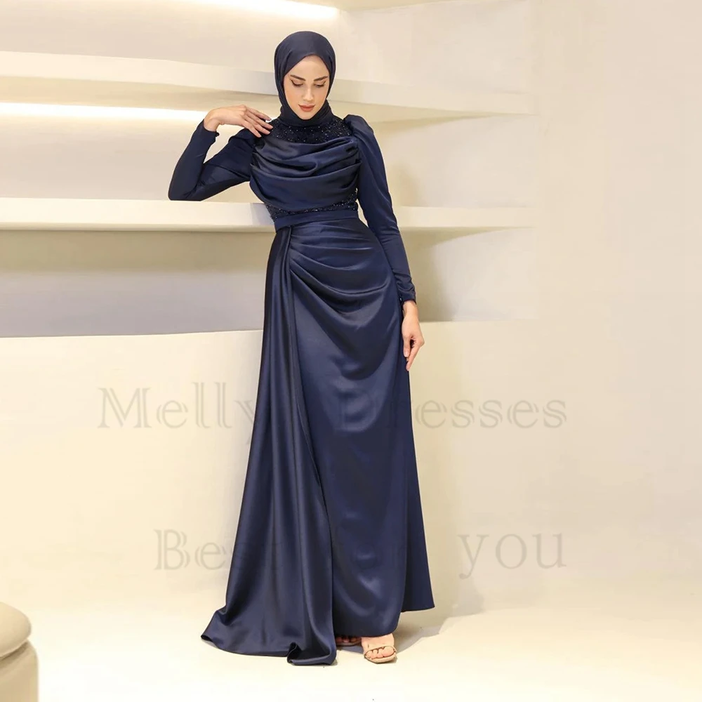 Black High Neck Islamic Evening Dresses with Sequined Satin Prom Gowns 2024 Summer Real Picture Zipper Robe De Soirée