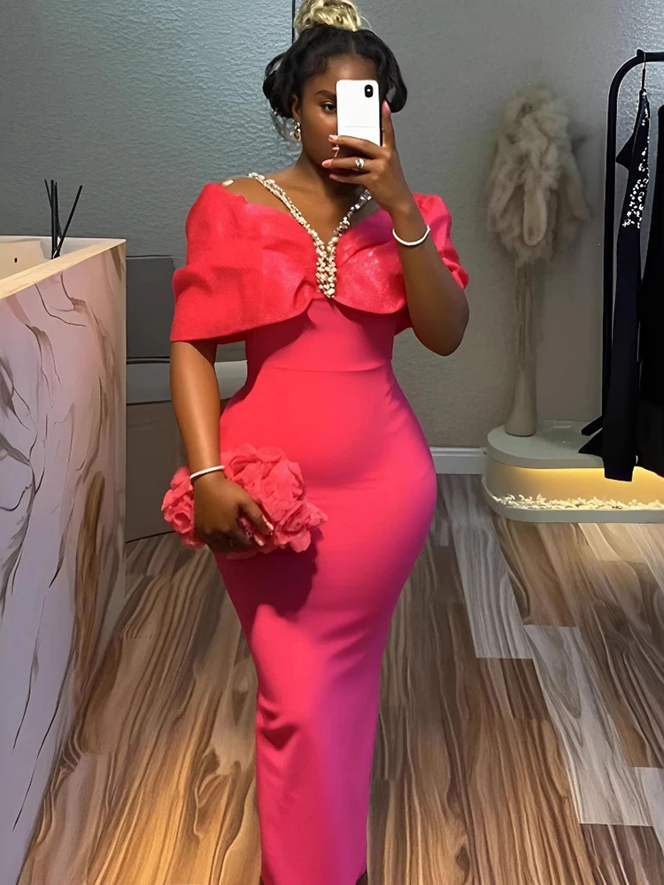 

Sexy Off the Shoulder Diamonds Halter Neck Bandage Dress Women Rose Red Folds Sleeveless Bodycon Long Dresses Evening Party Gown