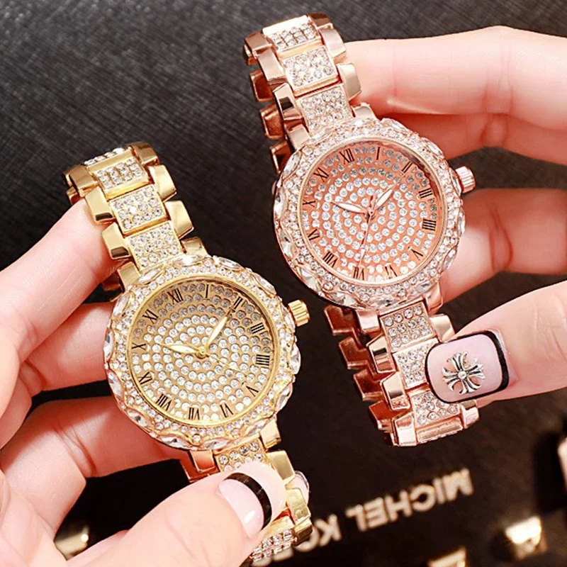 Reloj de acero de cuarzo para mujer, reloj de pulsera de cristal de circón elegante, marca de lujo superior, Diamante completo, Punk, moda